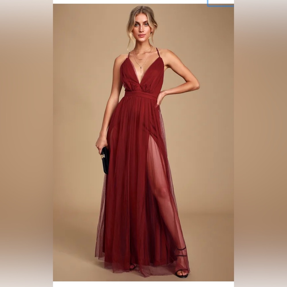 Luxxel burgundy tulle backless dress
